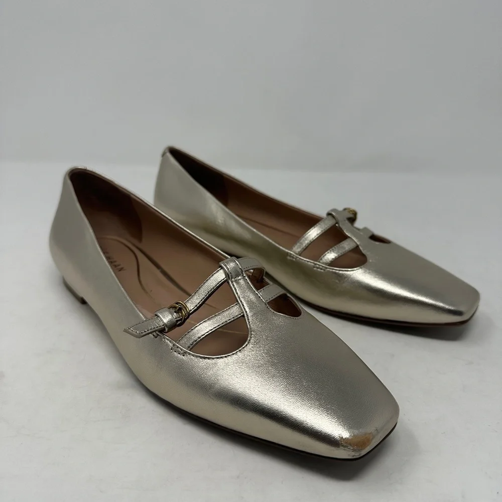Cole Haan Grand 350 Soft Gold Brigid T Strap Ballet Flat Women’s 9 Leather shoes